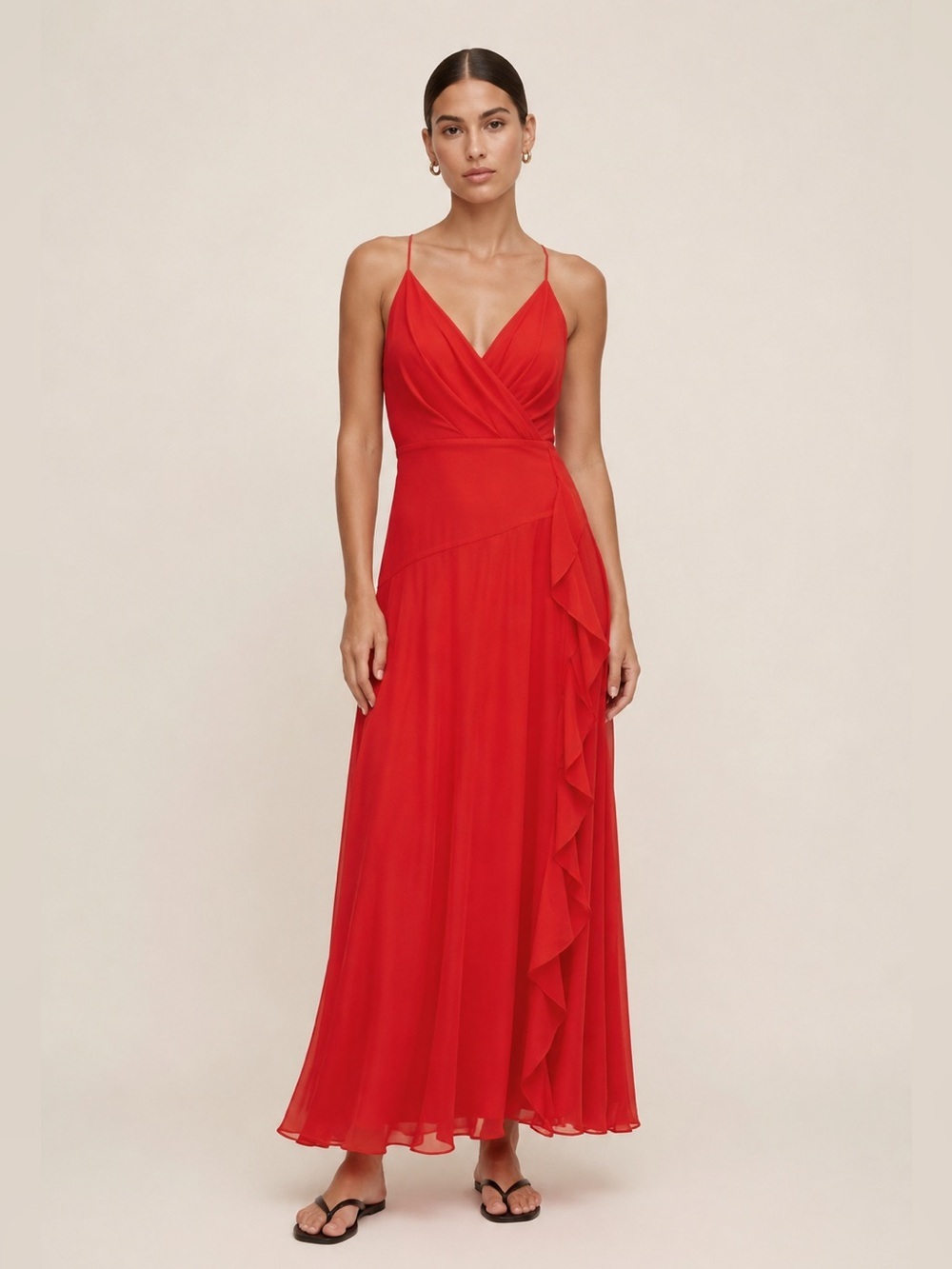 ASTR the Label red chiffon overlay ruffle front maxi dress. Medium